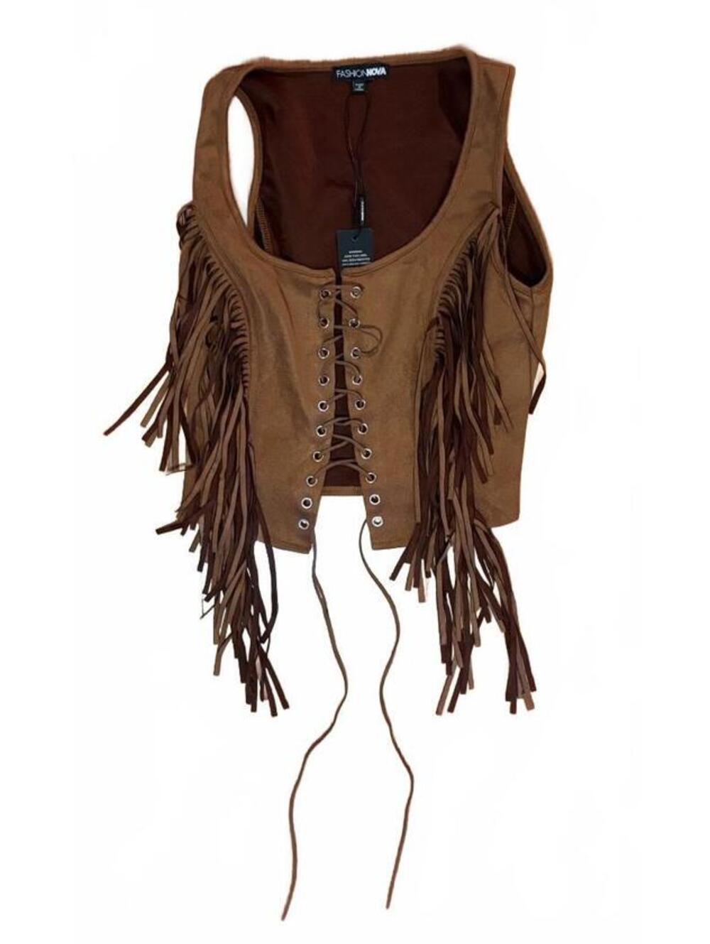 Fashion Nova Brown Suede Fringe Lace-Up Vest XS